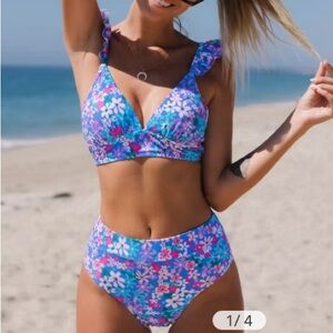 Cupshe Sundry Daisy Ruffled Bralette & High Waist Bikini Set